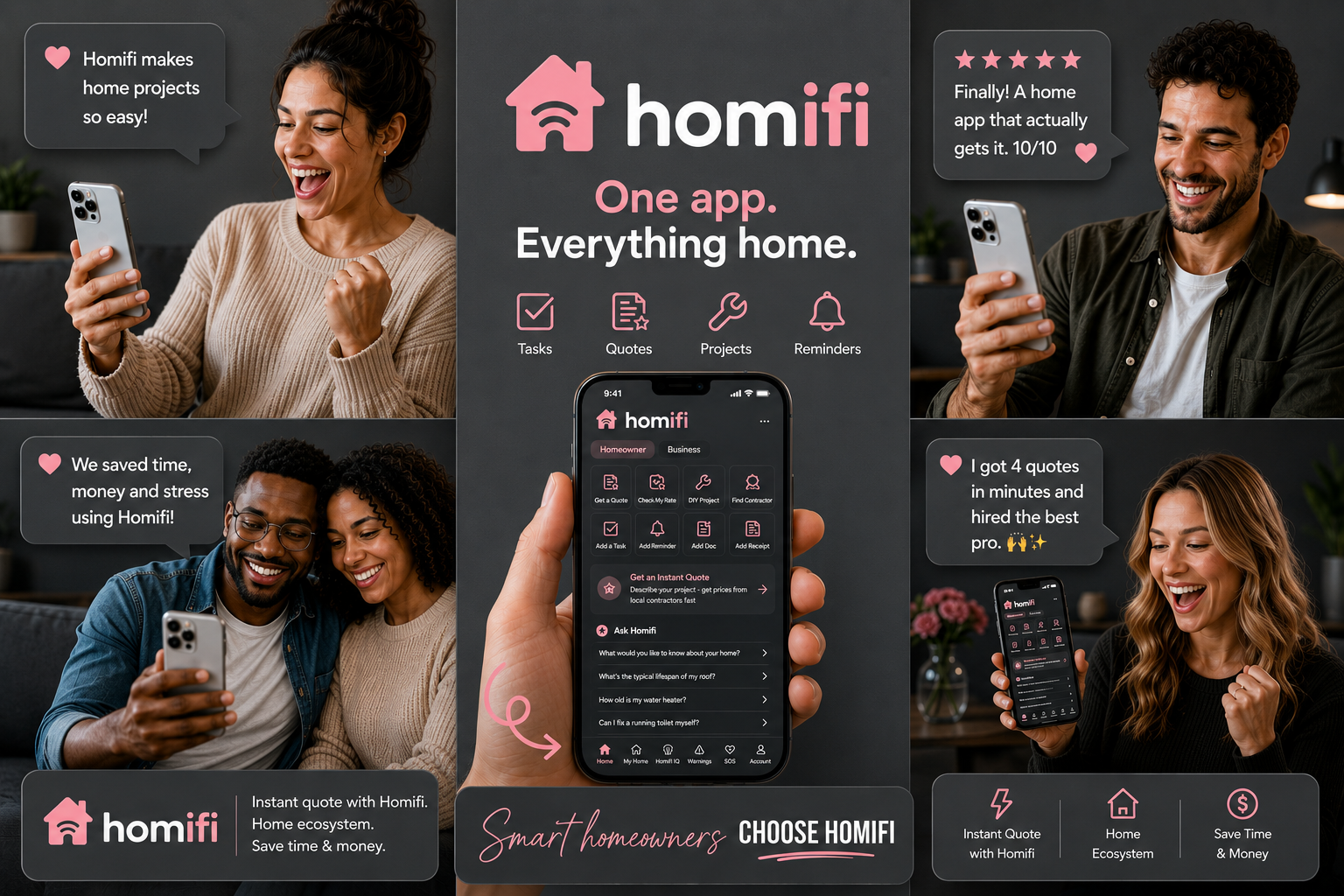 Happy homeowners using Homifi — instant quotes, project planning, and home organization all in one app