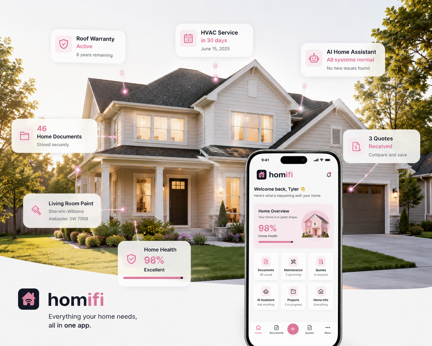 Homifi app on a phone showing home overview, documents, maintenance, quotes, and AI assistant features